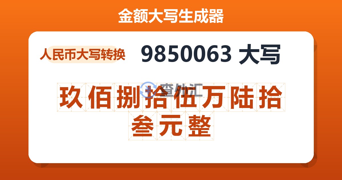 9850063大写 玖佰捌拾伍万陆拾叁元整