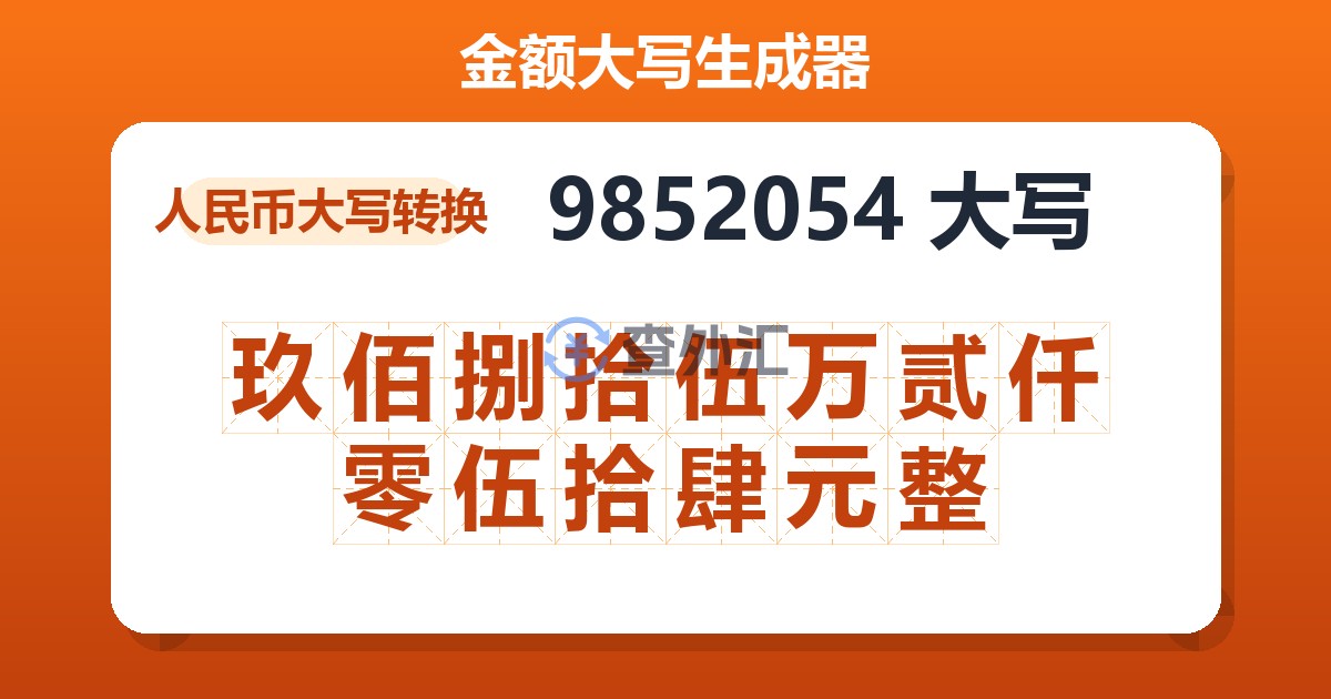 9852054大写 玖佰捌拾伍万贰仟零伍拾肆元整