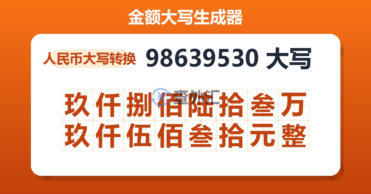 98639530大写 玖仟捌佰陆拾叁万玖仟伍佰叁拾元整
