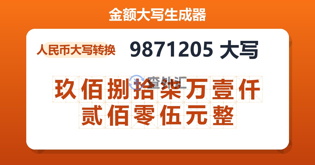 9871205大写 玖佰捌拾柒万壹仟贰佰零伍元整