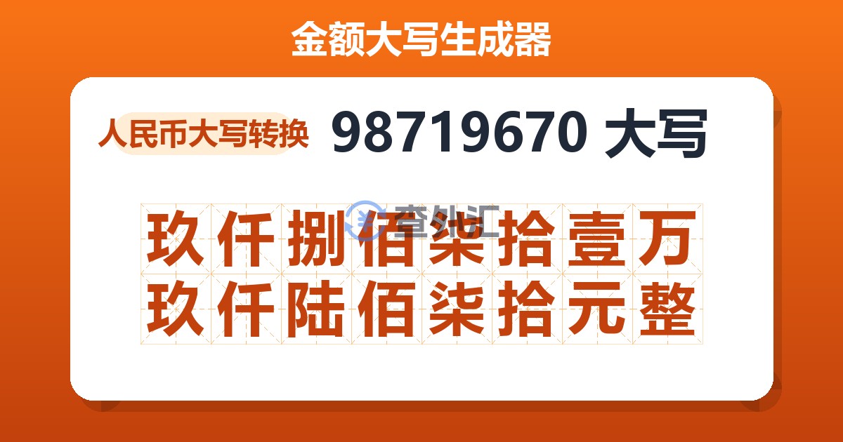 98719670大写 玖仟捌佰柒拾壹万玖仟陆佰柒拾元整