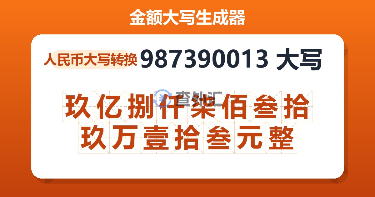 987390013大写 玖亿捌仟柒佰叁拾玖万壹拾叁元整