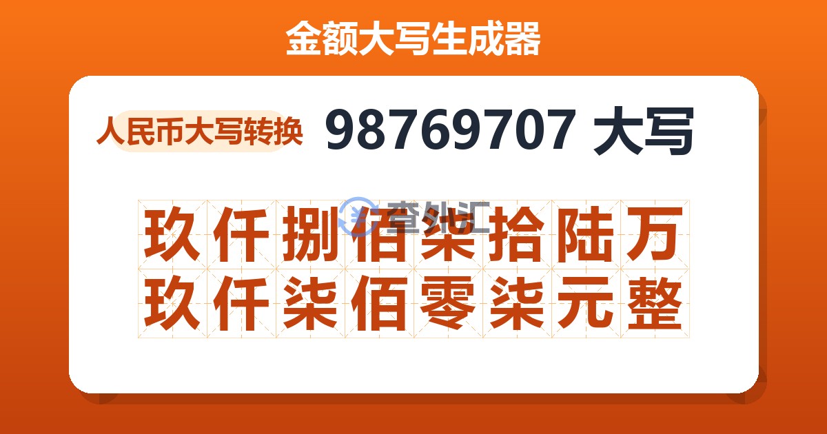 98769707大写 玖仟捌佰柒拾陆万玖仟柒佰零柒元整
