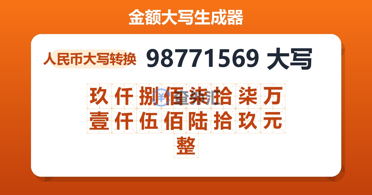 98771569大写 玖仟捌佰柒拾柒万壹仟伍佰陆拾玖元整