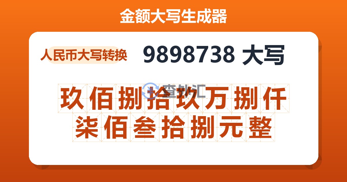 9898738大写 玖佰捌拾玖万捌仟柒佰叁拾捌元整