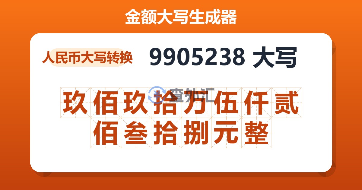 9905238大写 玖佰玖拾万伍仟贰佰叁拾捌元整