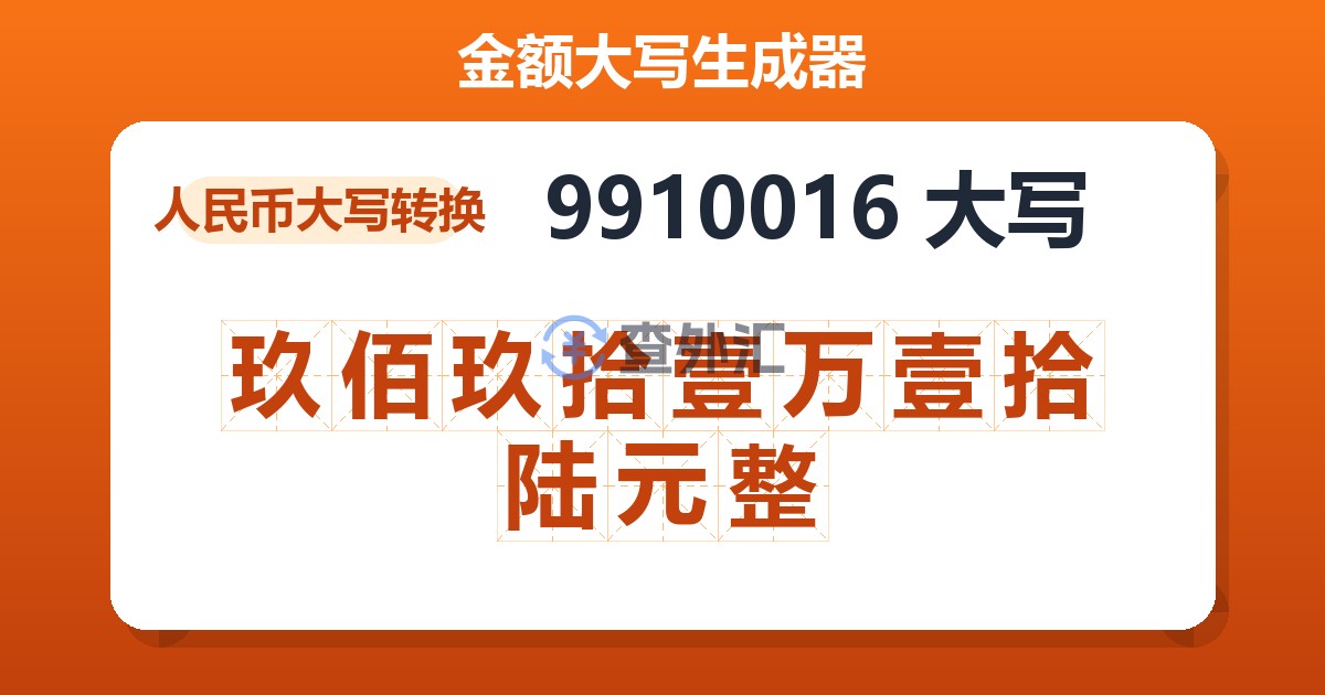 9910016大写 玖佰玖拾壹万壹拾陆元整