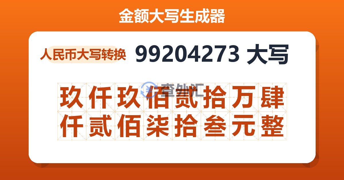 99204273大写 玖仟玖佰贰拾万肆仟贰佰柒拾叁元整