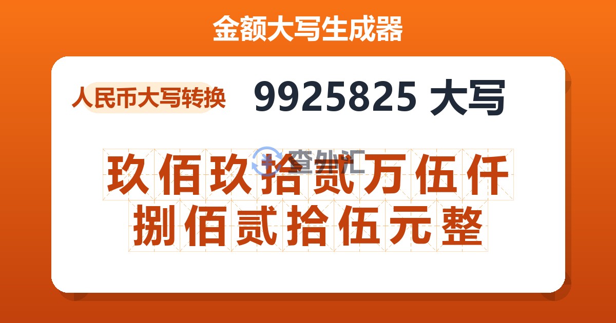 9925825大写 玖佰玖拾贰万伍仟捌佰贰拾伍元整