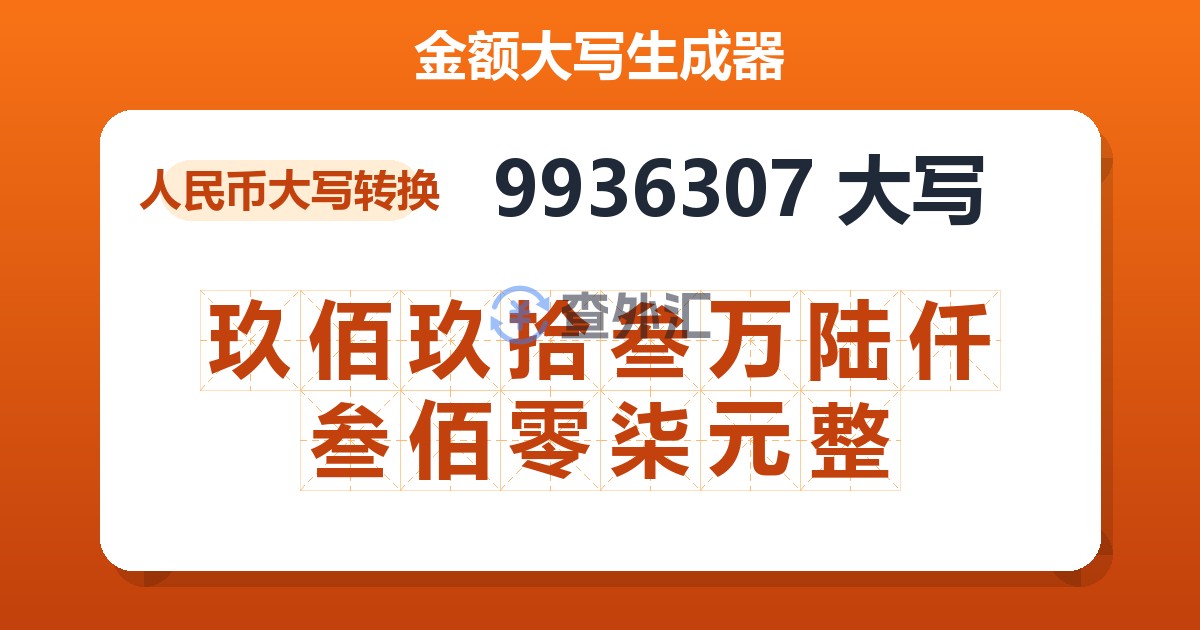 9936307大写 玖佰玖拾叁万陆仟叁佰零柒元整