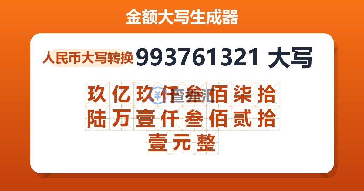993761321大写 玖亿玖仟叁佰柒拾陆万壹仟叁佰贰拾壹元整