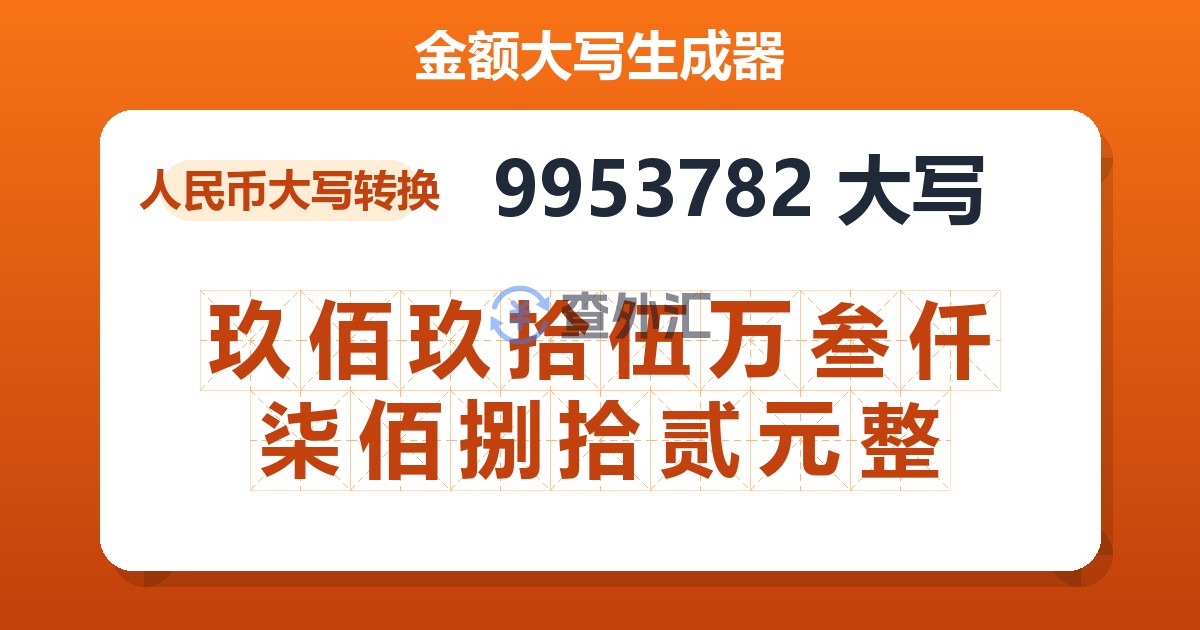 9953782大写 玖佰玖拾伍万叁仟柒佰捌拾贰元整