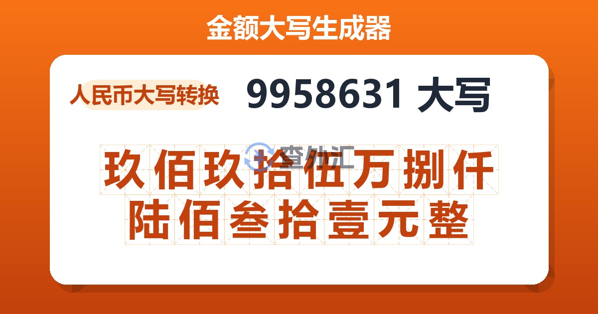 9958631大写 玖佰玖拾伍万捌仟陆佰叁拾壹元整