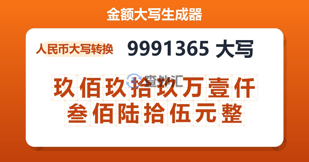 9991365大写 玖佰玖拾玖万壹仟叁佰陆拾伍元整