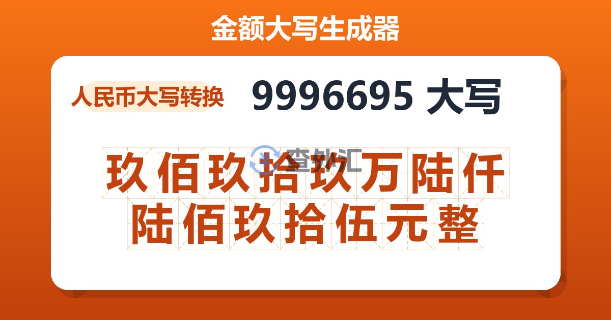 9996695大写 玖佰玖拾玖万陆仟陆佰玖拾伍元整